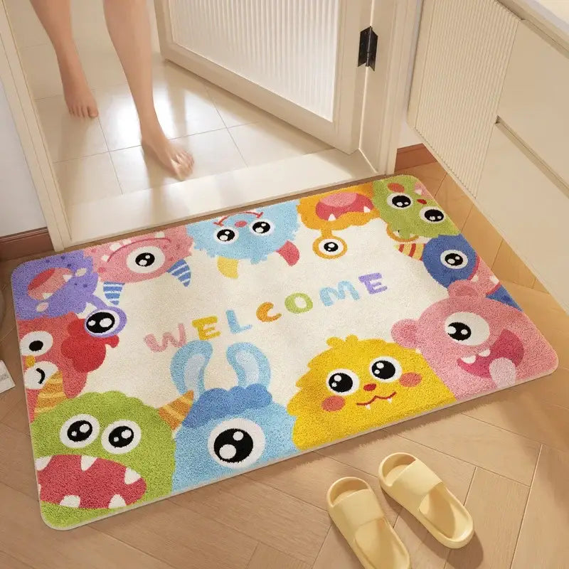 Pink cartoon print plush bathroom mat with colorful embroidered cartoon monsters soft absorbent decorbites cartoon print rug