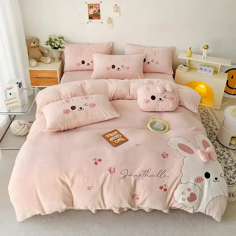 Pink cartoon rabbit applique bedding set with soft plush fabric and embroidered details for bedroom comfort