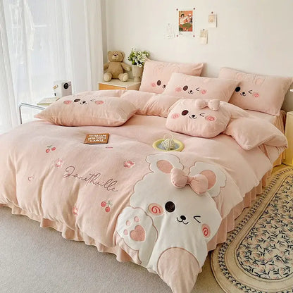 Pink plush bunny-themed bedding set with cartoon rabbit applique embroidered details and ruffled skirt by decorbites