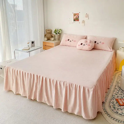 Pink ruffled bed skirt with plush texture in decorbites cartoon rabbit applique bedding set for bedroom comfort