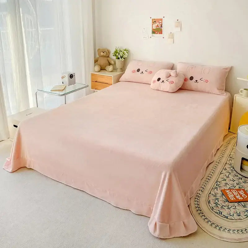 Soft pink ruffled bedding set with plush velvety texture featuring decorbites cartoon rabbit applique for bedroom comfort