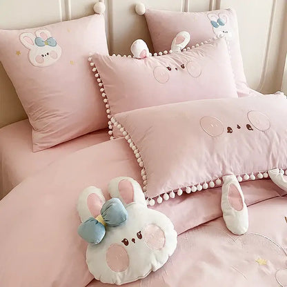Soft pink cartoon rabbit moon cotton bedding set with embroidered bunny faces and pom pom trim for bedroom decorbites