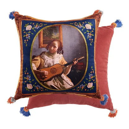 Square print velvet throw pillow case with embroidered woman playing lute on deep blue decorbites cat print design