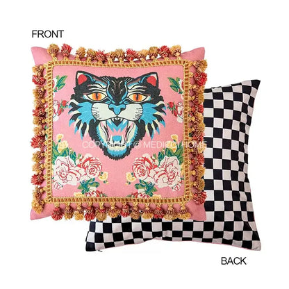 Pink cat print velvet throw pillow case featuring vibrant embroidered blue and black cat with tassels for living room decorbites cat print