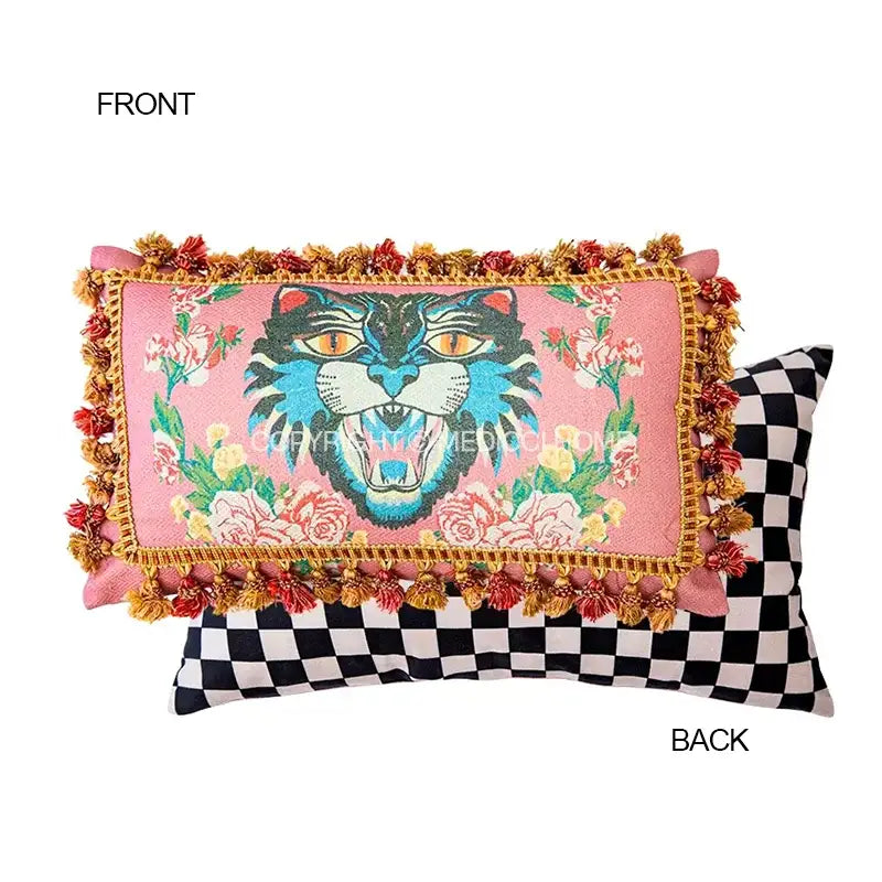 Pink cat print velvet throw pillow case featuring a blue and black tiger with floral patterns and tassels for living room decorbites cat print