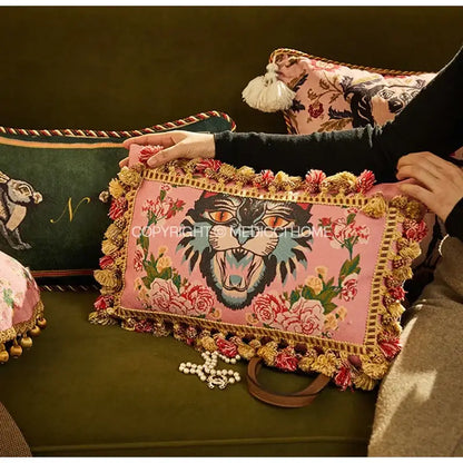 Pink cat print velvet throw pillow case featuring embroidered black tiger and floral motifs with gold red tassels for decorbites cat print decor