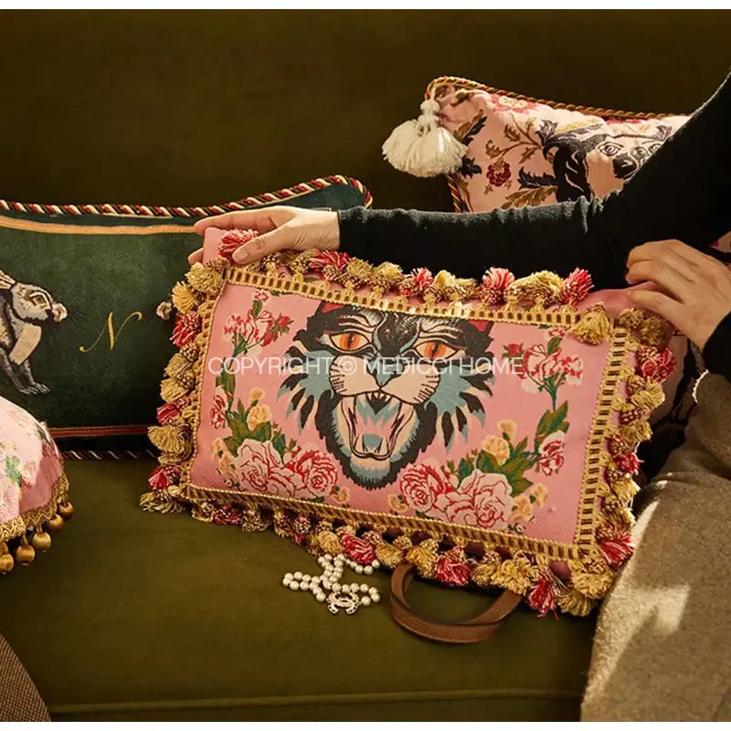 Pink cat print velvet throw pillow case featuring embroidered black tiger and floral motifs with gold red tassels for decorbites cat print decor