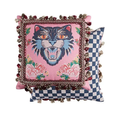 Pink cat print velvet throw pillow case with bold embroidered tiger face and tassels for living room decorbites cat print