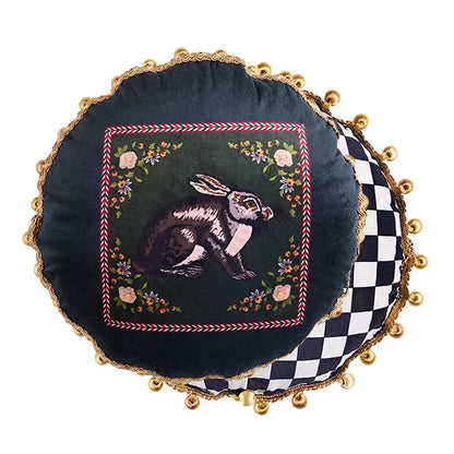 Dark green velvet round pillow with embroidered rabbit floral frame and gold tassels for decorbites cat print velvet throw
