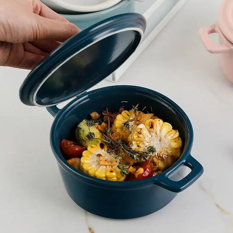 Deep blue decorbites ceramic mini cocotte with lid two handles white rim for soup and dessert cookware