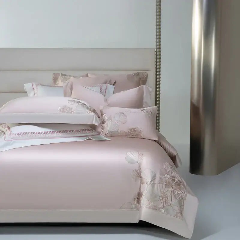 Luxurious blush pink satin bedding set with decorbites cotton flowers embroidery for elegant bedroom decor
