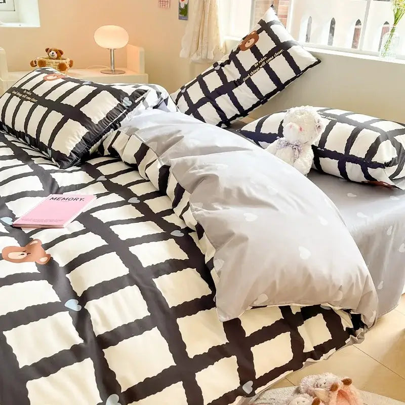Black and white grid-patterned cotton cartoon printed bed set with cute bear faces for decorbites bedroom decor