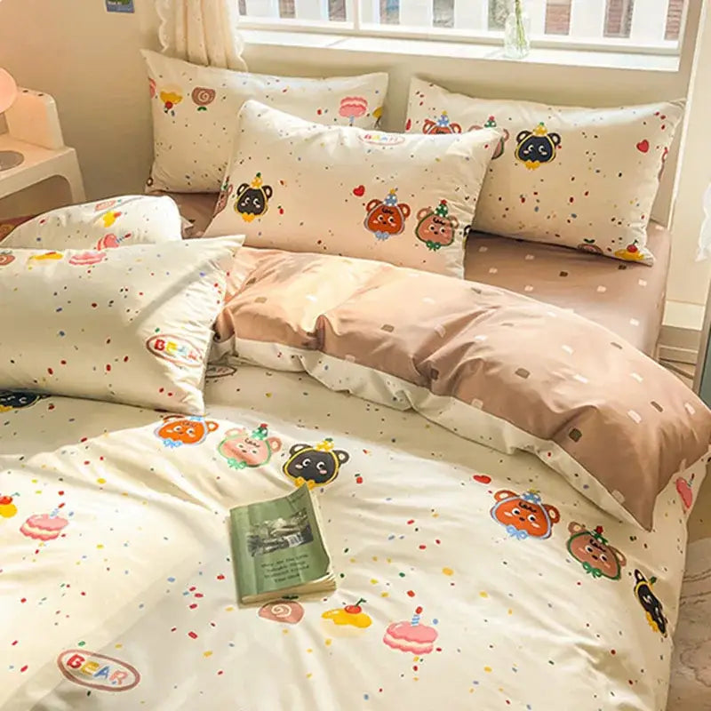 Pink and cream cotton cartoon printed bed set with pastel bear-themed decorbites cotton cartoon fabric design