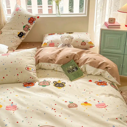 Pink and cream cotton cartoon printed bed set featuring pastel bear and dessert-themed decorbites cotton cartoon fabric