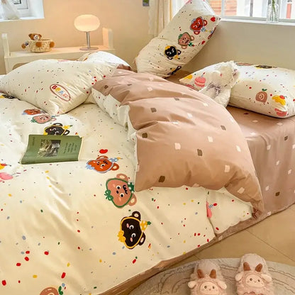 Cute beige and white bed set with playful bear faces and colorful confetti patterns decorbites cotton cartoon printed