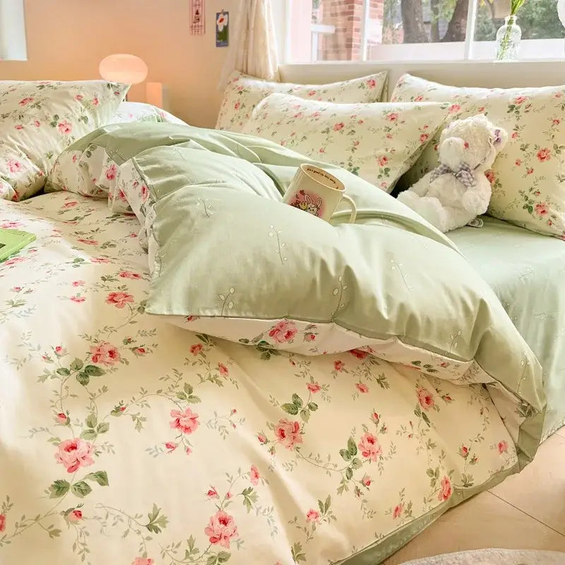 Pastel green and cream floral pink roses bed set with decorbites cotton cartoon printed fabric for bedroom decor