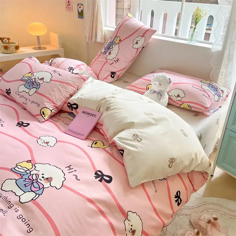 Pink and cream cotton cartoon printed bed set featuring fluffy puppy decorbites cotton cartoon design with soft texture