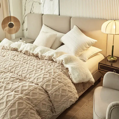 Beige plush cashmere duvet cover with textured diamond pattern and soft interior from decorbites dual collection