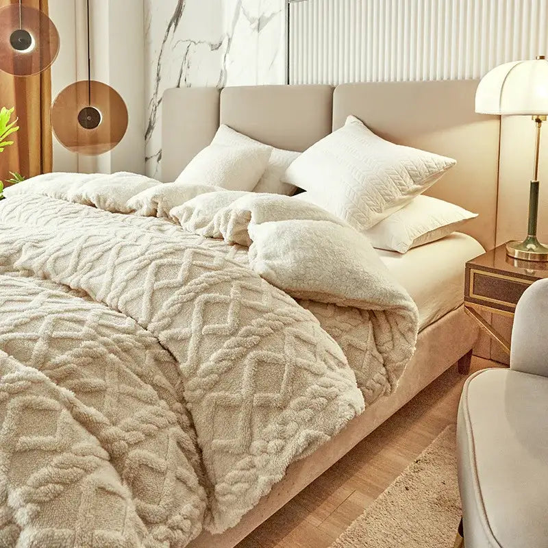 Cream-colored plush quilted blanket with textured diamond pattern for decorbites dual cashmere duvet cover use