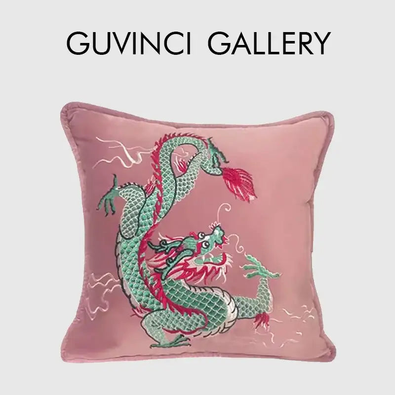Pink embroidered dragon velvet pillow cover featuring a green and red dragon design for living room decorbites decor