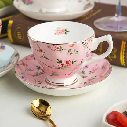 Pink floral bone china flower tea cup set with gold trim and matching saucer for phnom penh afternoon tea