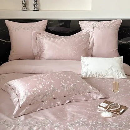 Set of elegant pink satin pillowcases with silver floral embroidery from decorbites jacquard 100s egyptian cotton bedding set