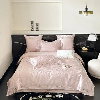 Pink satin egyptian cotton bedding set with subtle floral embroidery featuring decorbites jacquard 100s texture