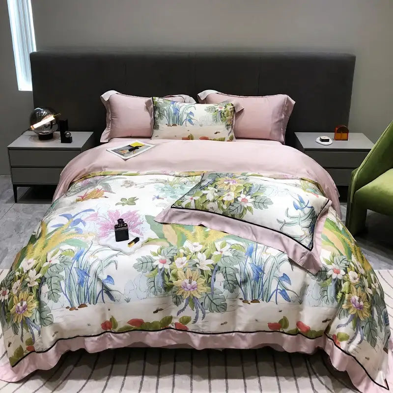 Pink floral duvet set with vibrant eucalyptus lyocell flowers on satin-like fabric for bedroom decorbites bedding