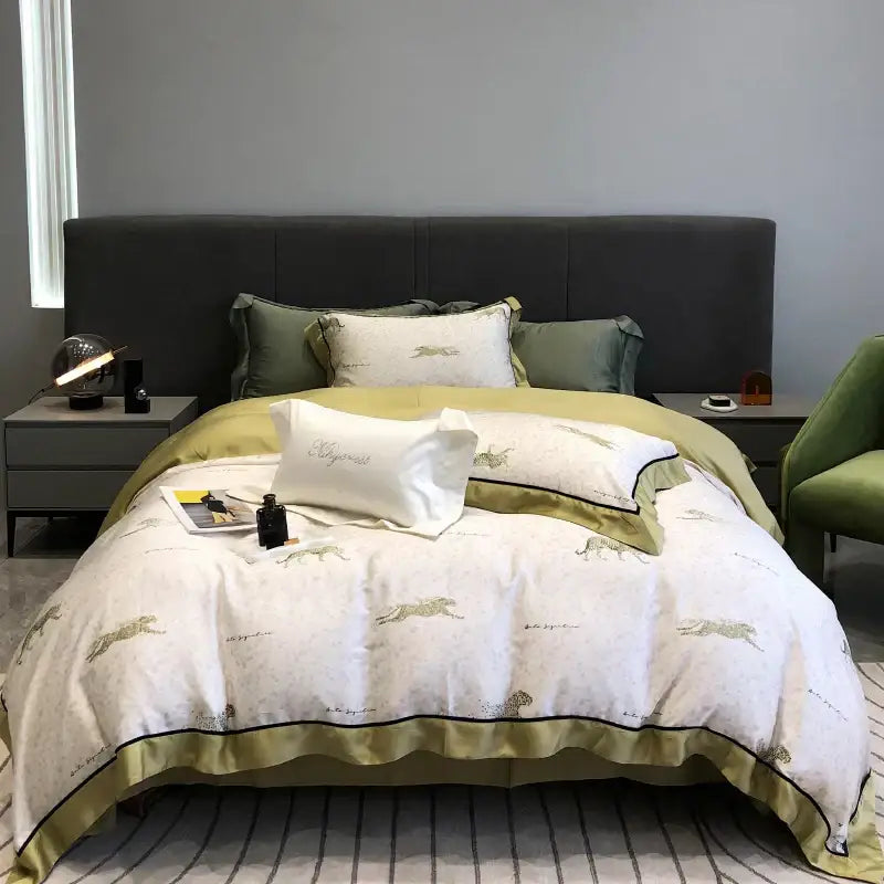 Elegant white and olive green leopard-print duvet set with satin trim from decorbites eucalyptus lyocell flowers collection