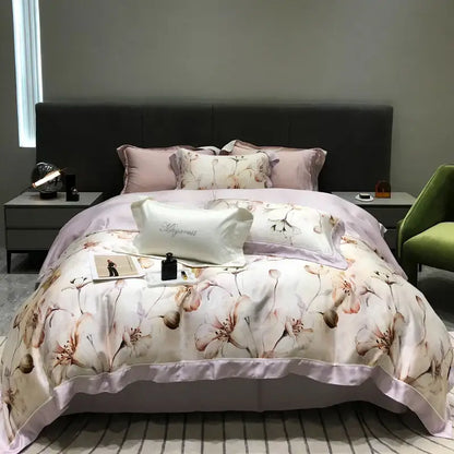 A soft lavender and cream floral duvet set with hand-painted eucalyptus lyocell flowers fabric by decorbites