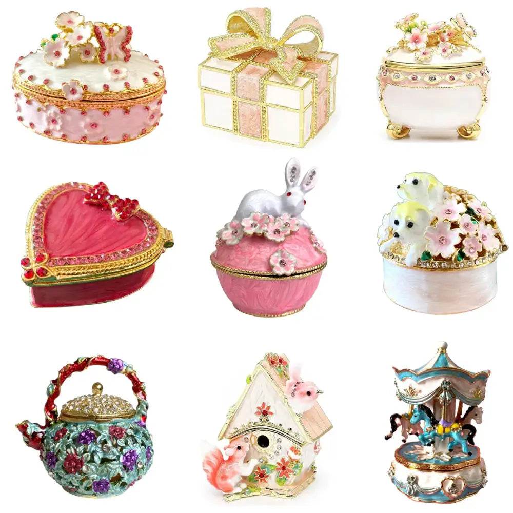 Pink floral heart jewelry trinket box with gold trim and rhinestones as a decorative storage case for jewelry