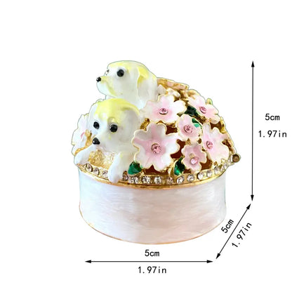 White enamel jewelry trinket box with pink floral heart design, yellow puppy accents, and rhinestone golden rim storage case