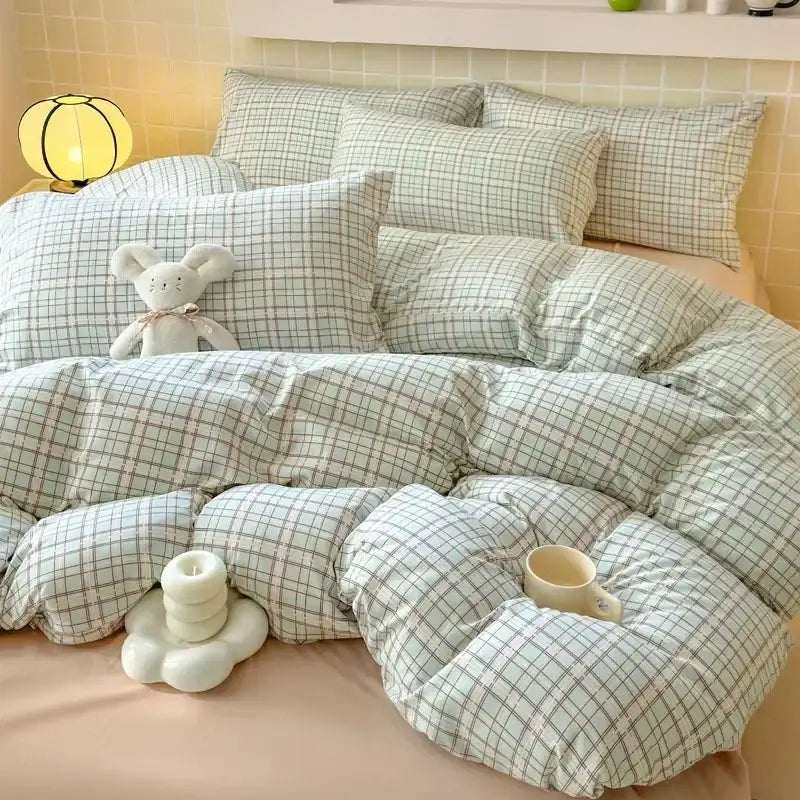 Plush cozy quilted fitted sheet set in soft mint green and beige plaid with pink floral jacquard texture yarn