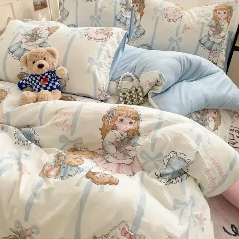 Pink floral lace cotton comforter set featuring cozy cartoon printed pastel bedding with a charming girl and light blue accents