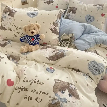 Cream-colored cotton comforter set with cozy cartoon printed puppy design polka dots hearts and decorbites cozy cartoon accents