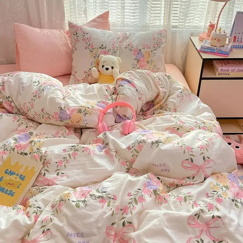 Pink floral lace cotton comforter set with floral pattern and pink bows in soft fabric for decorbites cozy cartoon printed bedroom