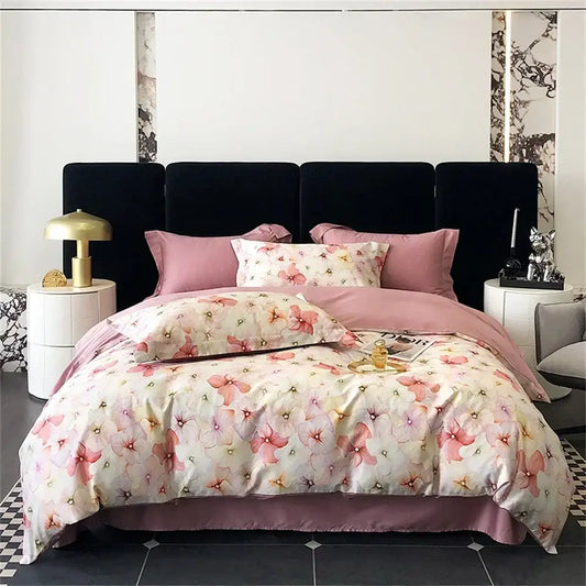 Pink floral satin egyptian cotton bedding set with delicate blossoms on soft cream background for decorbites colorful egyptian cotton decor
