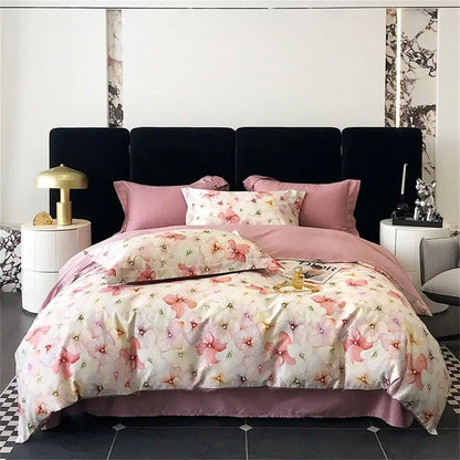 Pink floral satin egyptian cotton bedding set with delicate blossoms on cream background for decorbites colorful egyptian cotton decor