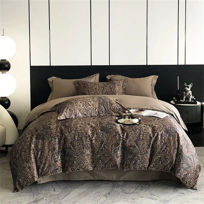 Brown velvet duvet cover with intricate gold paisley pattern showcasing decorbites colorful egyptian cotton bedding set