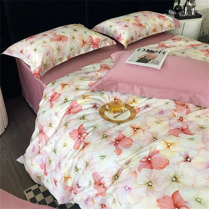 Pink and white floral patterned satin bedding set with delicate pink blossoms in decorbites colorful egyptian cotton fabric