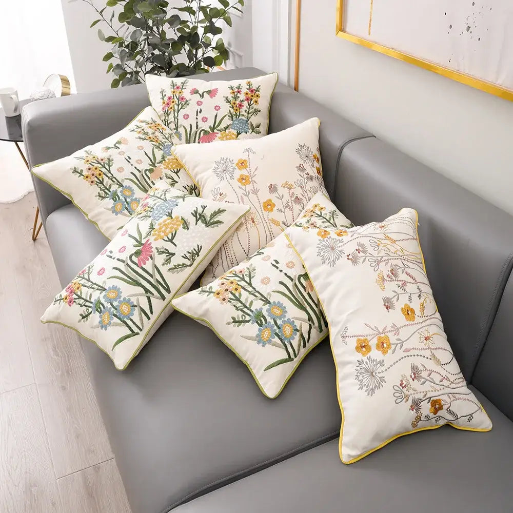 Cream-colored pink flower farmhouse cushion cover with intricate pastel floral embroidery and mustard-yellow piping by decorbites 3d pink