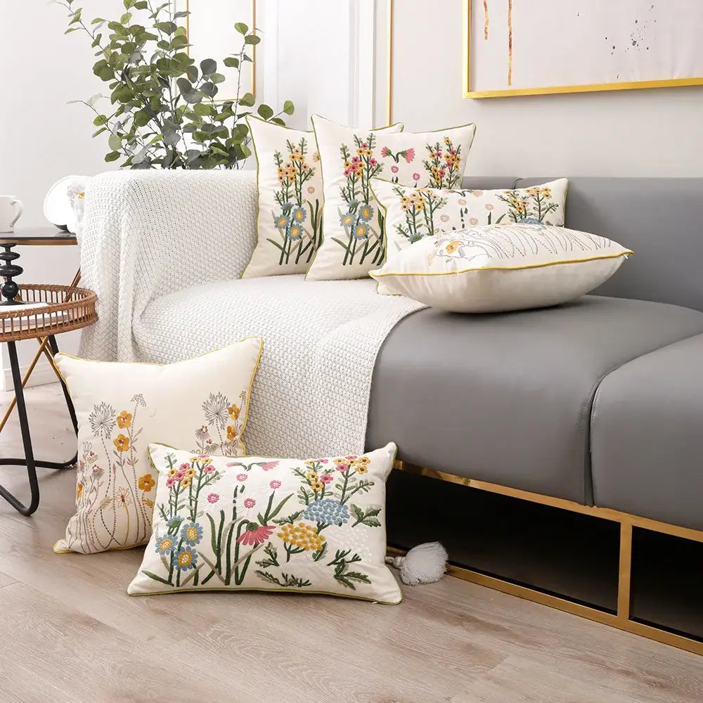 Cream-colored cushion cover with intricate vibrant pink flower farmhouse embroidery for living room decorbites 3d pink decor