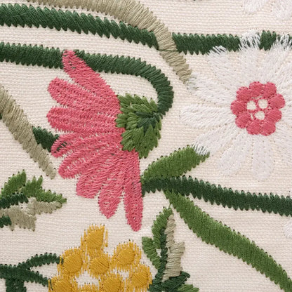 Pink flower farmhouse cushion cover featuring vibrant embroidered pink white and yellow flowers on cream decorbites 3d pink background