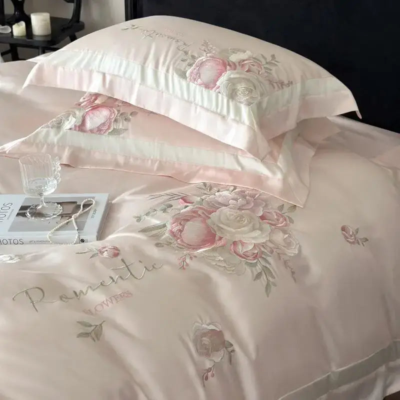 Pink and gray satin bedding set featuring delicate flowers embroidery bedding with blush pink roses and romantic script accents