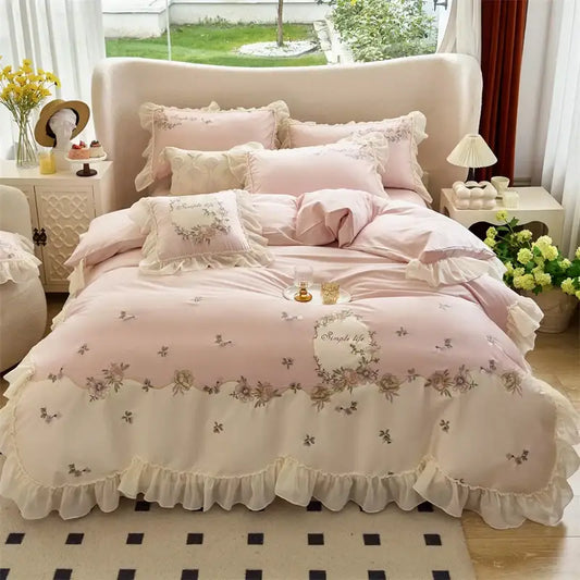 Pink floral embroidered bedding set with flowers lace ruffles and delicate lace trim egyptian cotton decorbites