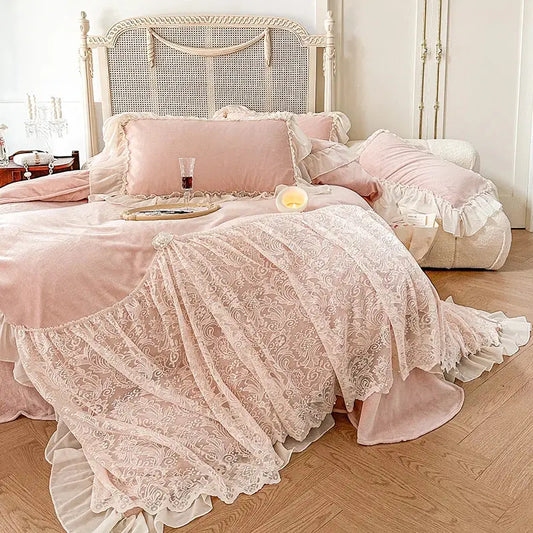 Pink velvet bedding set with french lace ruffles and ruffled edges for elegant decorbites french lace decor