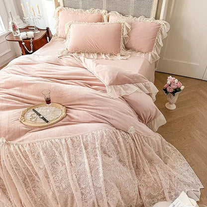 Pink velvet bedding set with delicate french lace ruffles and matching pillowcases for elegant bedroom decorbites french lace design