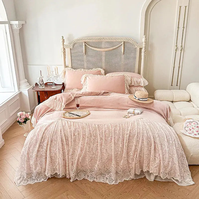 Delicate blush pink velvet bedding set with french lace ruffles and soft flowing drape for bedroom decorbites decor