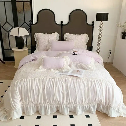 A soft lavender and white ruffled bedding set with delicate lace detailing from pink french princess bedding collection