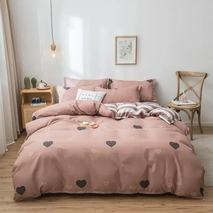 Pink heart cartoon print bedding set with satin finish fabric for bedroom decorbites cartoon print bedding